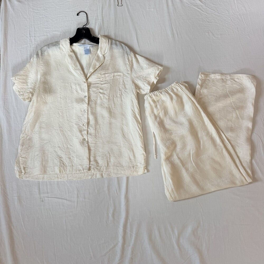 August Silk Intimates Pajama Set Womens M Ivory 100% Silk Jacquard Floral Bridal